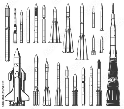 Space rockets and shuttle spaceship. Vector monochrome different type and size spacecrafts, missiles for satellites transportation and launch on orbit, shuttle heavy lift vehicle carrier