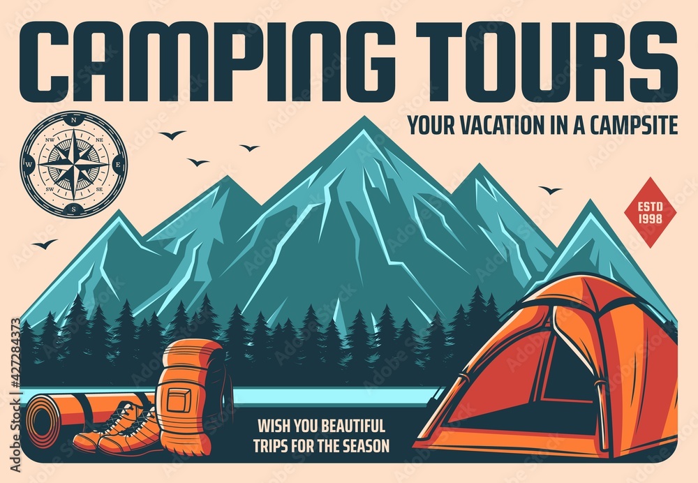 Camping tours and mountain hiking or climbing travel, outdoor tourism, vector retro poster. Mountain trekking and campsite vacation expedition, camping tent and backpack for rafting or kayaking - obrazy, fototapety, plakaty 
