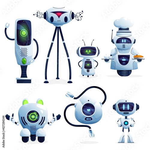 Ai robot cartoon characters with vector white robotic machines, modern toys, artificial intelligence androids and future technology cyborgs. Cute humanoid droids and computer bots with manipulators