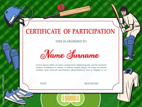 Certificate of participation in baseball tournament, sport school diploma vector template with sports equipment helmet, bat and ball, shoes, uniform and green field with sportsman playing, award frame