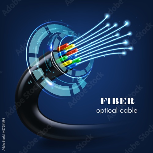 Cable or wire with glowing optical fibers 3d vector of future technology, speed internet connection, network communication, telecommunication. Realistic blue neon fibres and futuristic HUD interface