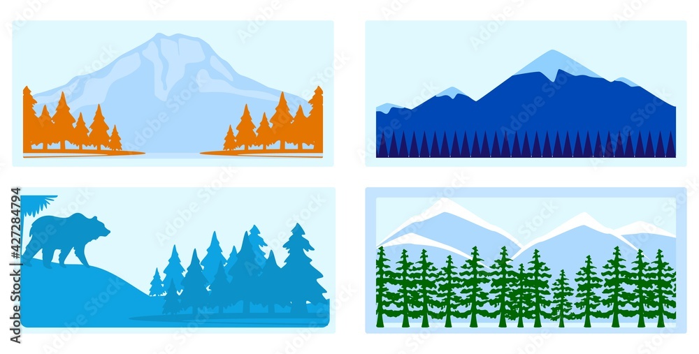 Mountain set, outdoor nature landscape, tourism graphics, silence nature banner, design, in cartoon style vector illustration. Mountain set, outdoor nature landscape, tourism graphics, silence nature banner, design, in cartoon style vector illustration.