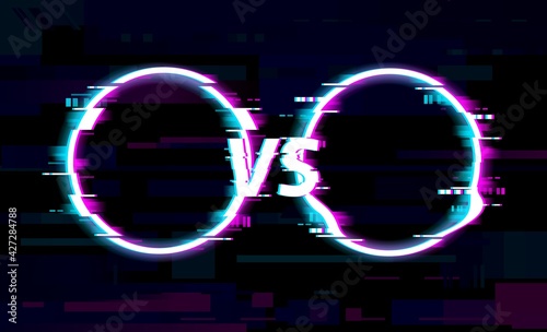 Glitch VS versus circles with noise of TV pixels on digital screen, vector background. VS fight battle versus sport or boxing tournament. Glitch effect on television screen, tournament and competition