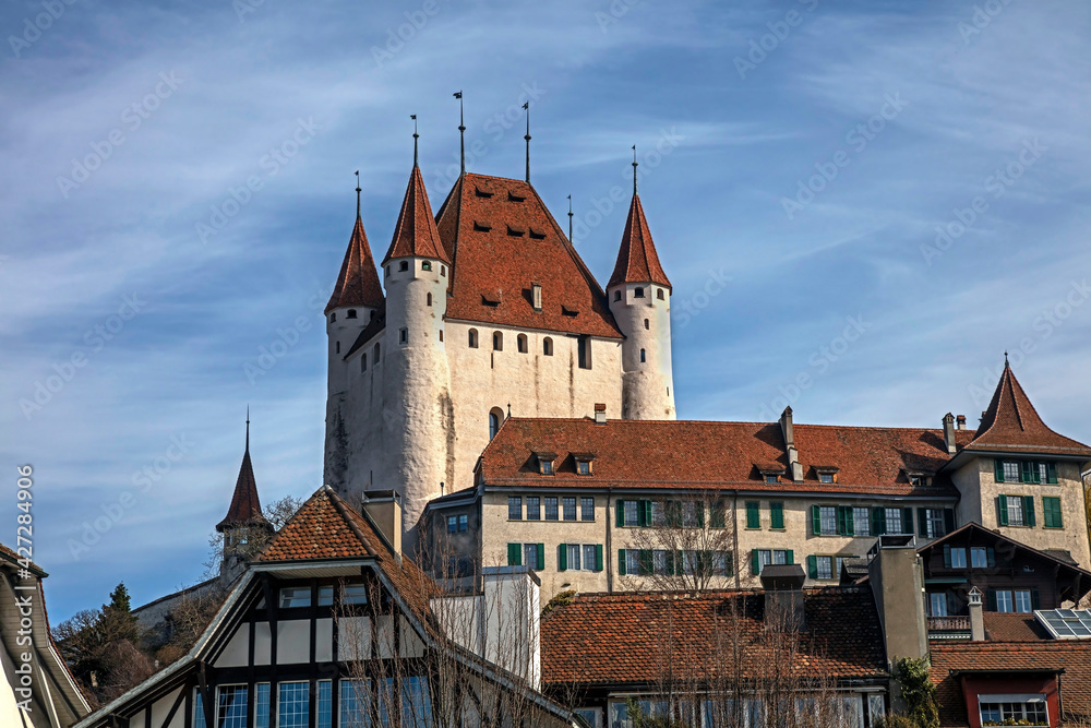 Castle towers above the roofs of the old city of Thun, Switzerland Castle towers above the roofs of the old city of Thun, Switzerland