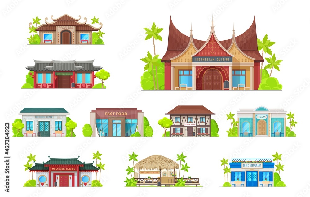 National restaurant building icons, bistro and cafe vector icons. Cartoon exteriors with tables and chairs on terraces, front doors and signboards of asian, european and turkish cuisine restaurants