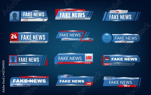 Fake news bars and TV screen lower vector banners. World news titles and headlines of live TV, broadcast video, television or streaming channels, media and television technologies