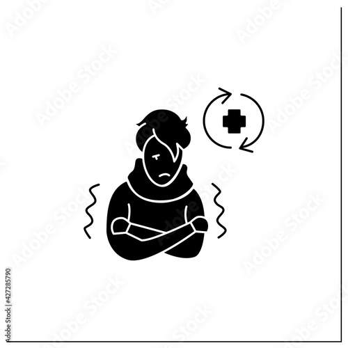 Ill person glyph icon.Covid reinfected or re-ill person suffering shivers and high fever.Covid disease repeated infection and immunity failure.Filled flat sign. Isolated silhouette vector illustration