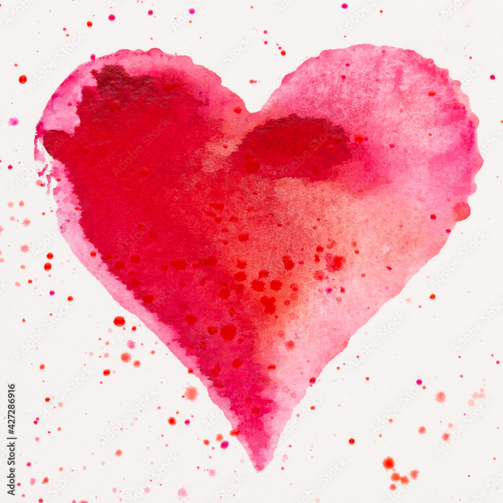 Watercolor painted pink heart, on the white watercolor paper. - obrazy, fototapety, plakaty 