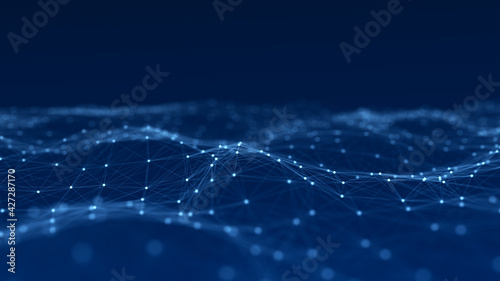 Abstract wave with moving dots and lines. Flow of particles. Cyber technology illustration. 3d rendering