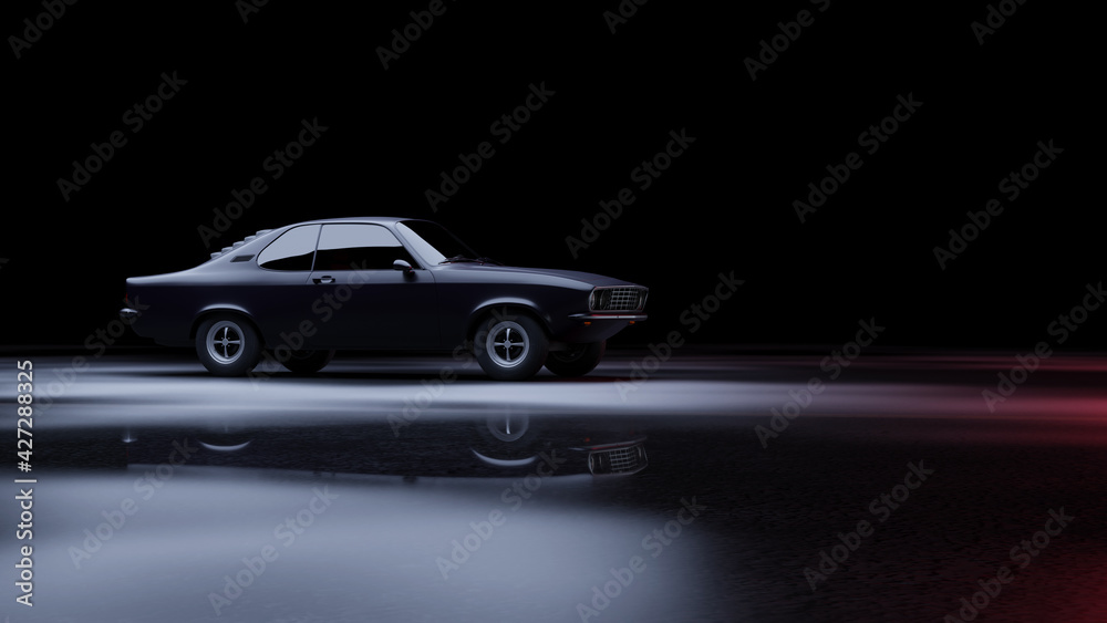 German muscle car on black background. 3d render illustration