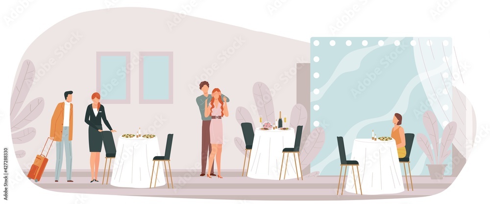 Restaurant concept, cafe people, drink swallow interior, sitting man, rest young, design, in cartoon style vector illustration.