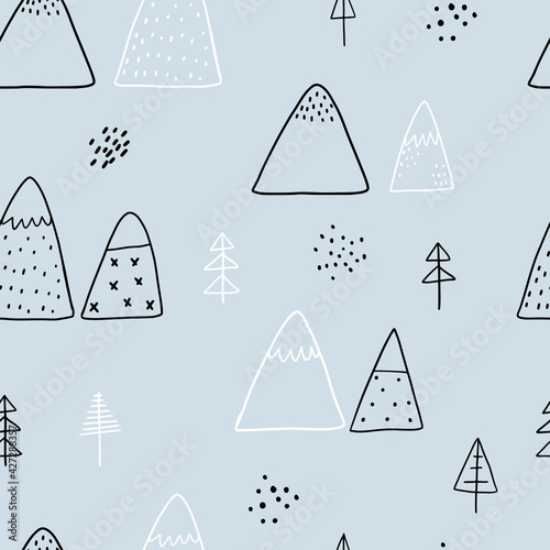 Vector seamless pattern with doodle cute mountains and trees on a blue background. Cute mountains background. Nature. Landscape. Creative kids texture for fabric, wrapping, textile, wallpaper.