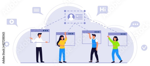 Online communication via video conference with people happily greets his colleagues in messenger Video conferencing friends communicate concept vector illustration Distant work