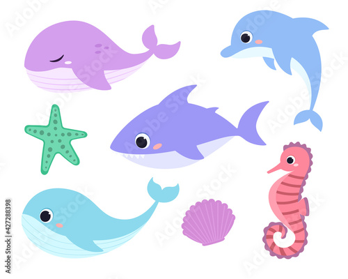 Set of flat sea animals. Cute fish and mammals in the ocean in flat style. Dolphin, whale, shark, seahorse isolated on white background. Childrens illustration 