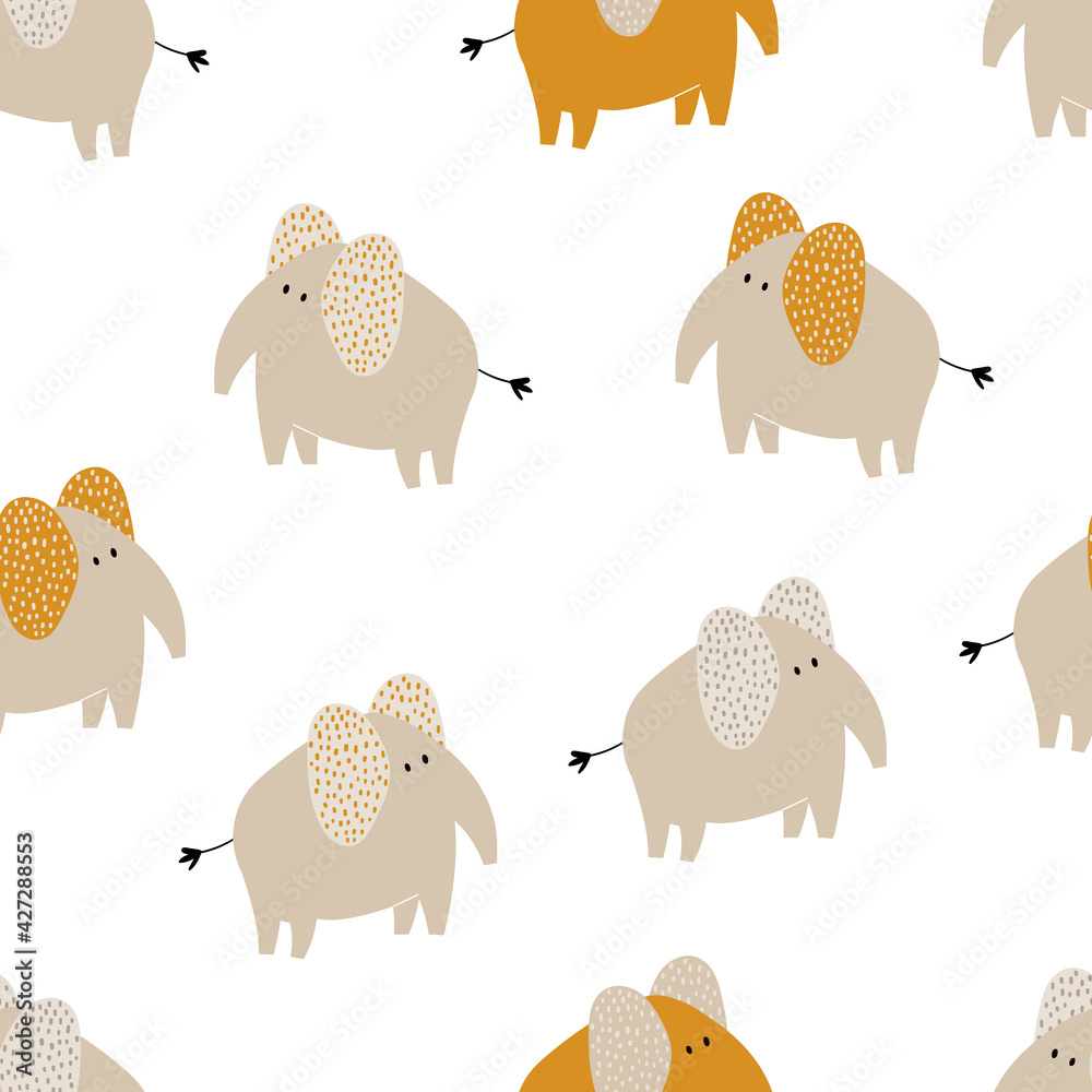 Vector hand-drawn colored childish seamless repeating simple flat pattern with cute elephants in Scandinavian style on a white background. Cute baby animals. Pattern for kids.
