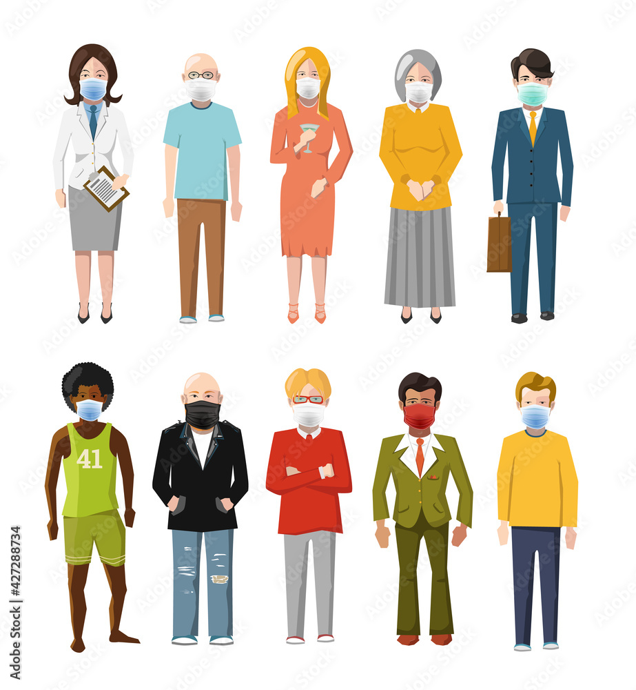 Set of ten detailed flat characters wear masks to protect from COVID on white Set of ten detailed flat characters wear masks to protect from COVID on white