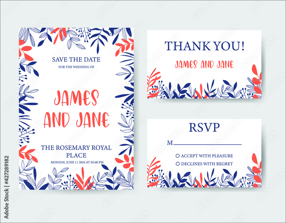 Floral template for a wedding invitation. Vector wedding floral invitation. Rsvp card design set. Invitation card with floral spring and summer pattern