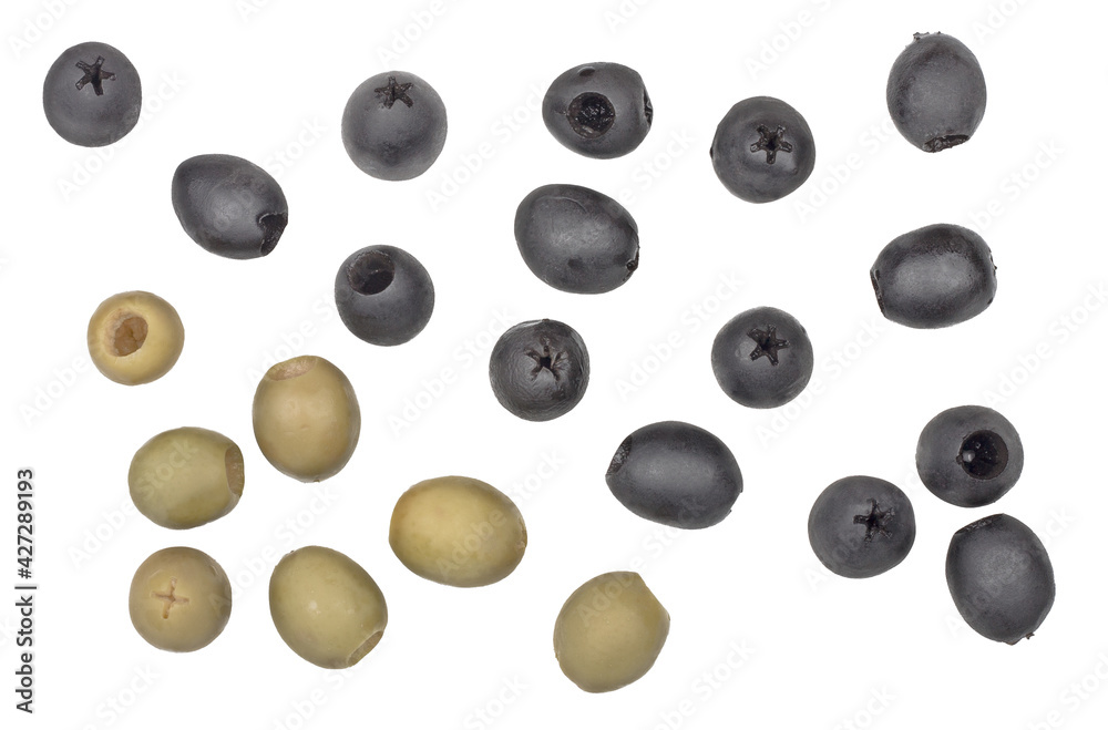 Black and green marinated olives isolated on a white background Black and green marinated olives isolated on a white background