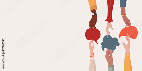 Banner. Arms and hands holding speech bubble. Agreement or affair between a group of colleagues or collaborators.Diversity People who exchange information.Concept of sharing and exchange