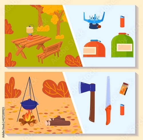 Bonfire hiking supplies, adventure backpack, camping equipment, tapor firewood, design, cartoon style vector illustration.
