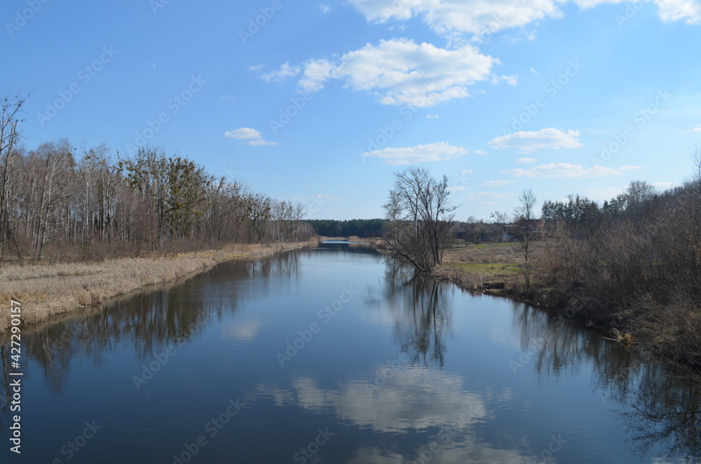 View on the wide river on clear sunny weather in early spring. River, leafless trees and grass, reflection of white clouds in the water. Beautiful landscape with a river. 