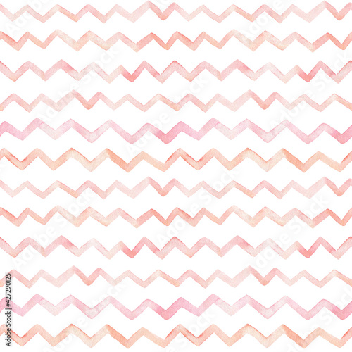 Watercolor seamless zigzag pattern. Abstract striped background in pastel colors. Hand-drawn illustration. Perfect for wrapping paper, covers, prints, decorations. Muted pink and peach shades.
