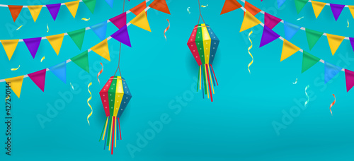 Festa Junina holiday invitation poster. Brazilian Latin American festival template for your design festive bunting flags, paper lantern. Vector illustration