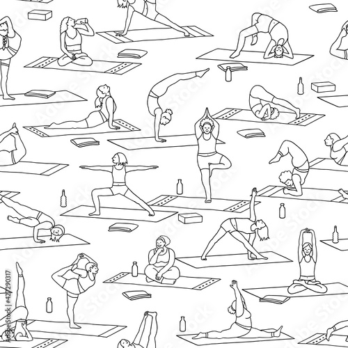 Hand drawn seamless pattern of diverse young women practicing yoga asanas
