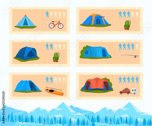 Tourism capacity tent, outdoor camp equipment, mountain vacation, adventure tourist, design, flat style vector illustration.