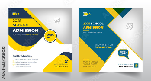 School education admission social media post and web banner template design or Back to school admission facebook instagram and twitter post or square flyer poster