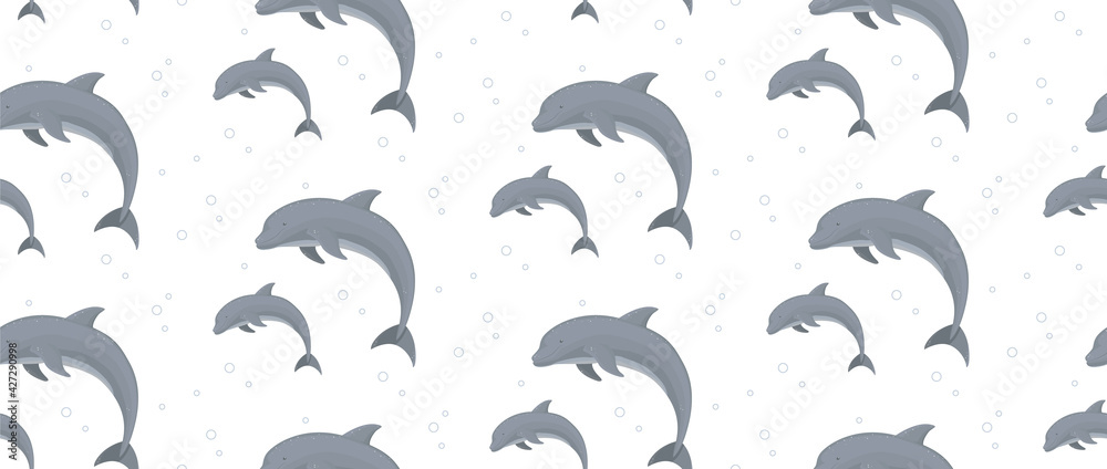 Naklejka premium Seamless vector pattern with dolphins to white background for wallpaper, web page background, surface textures.
