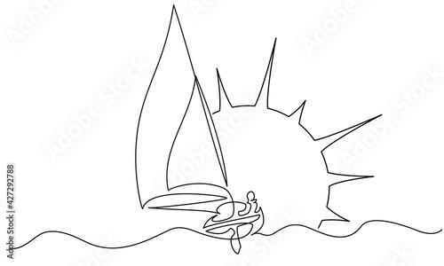 Sailing boat on wave of sea with Sun. Continuous one line drawing