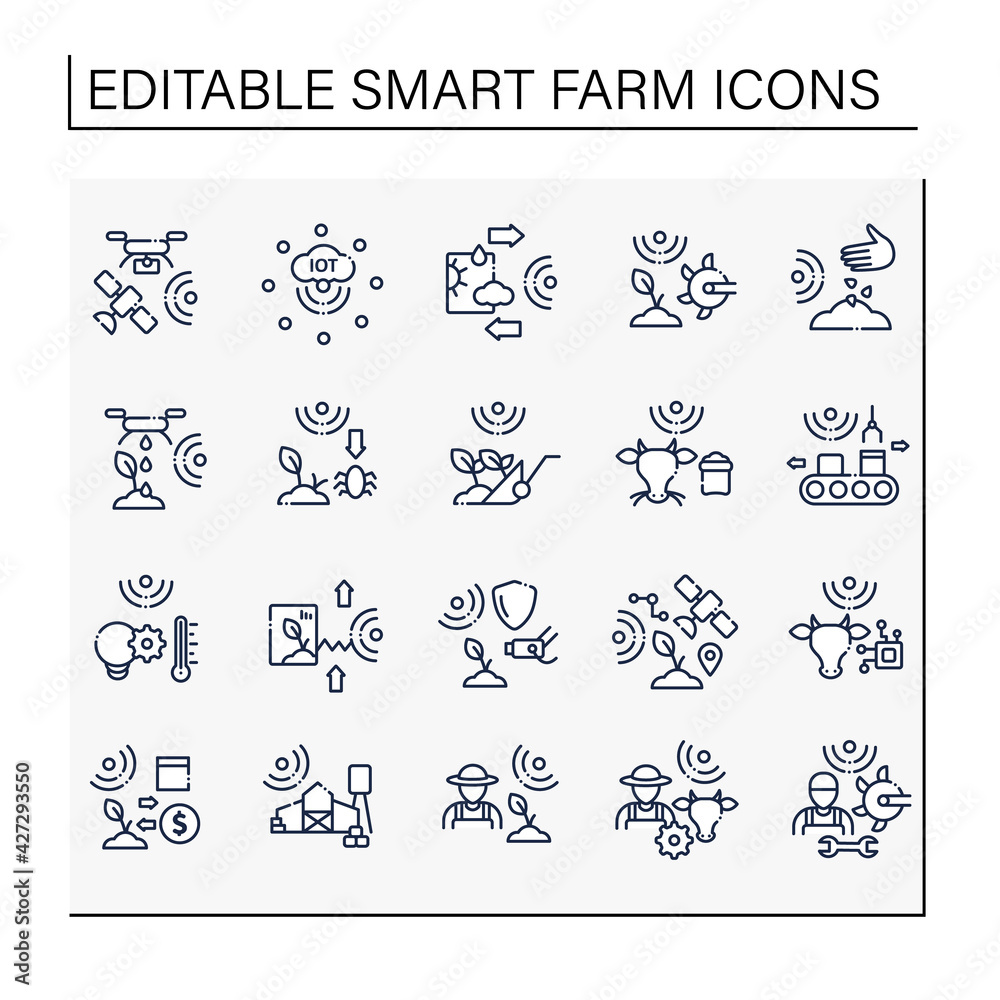 Smart farm line icons set. Consist of IOT sensors, soil tilling, planting seeds, harvesting, agronomist, CCTV.Agricultural innovation concepts.Isolated vector illustrations. Editable stroke