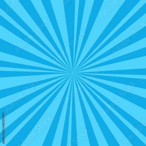 Pop art background. Halftone comic pattern with starburst. Cartoon retro sunburst texture. Blue banner with dots and beams. Vintage sunshine effect. Vector illustration. Superhero backdrop.