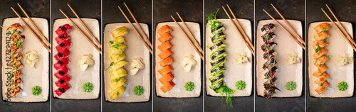 Food collage. Set of various sushi rolls on a stone background.
