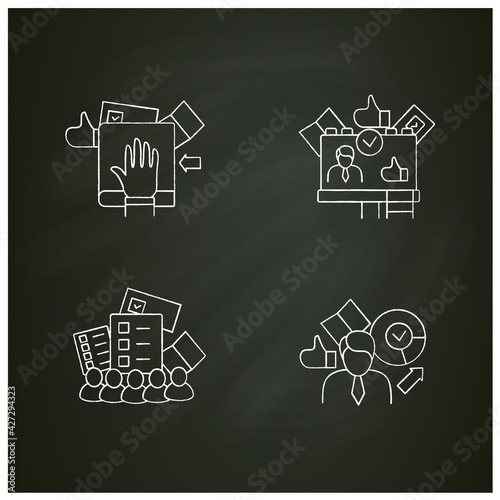 Election chalk icons set.Winner, oath, candidate banner, electoral college. Choice, vote concept. Democracy. Parliamentary or presidential elections. Isolated vector illustrations on chalkboard