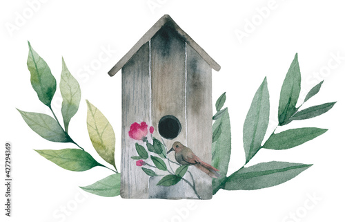 Birdhouse with flowers and birds. Wall sticker. Artistic, color, hand-drawn