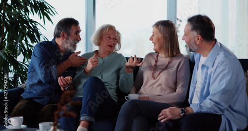 Beautiful Eldelry Grey-Haired Four People Family Gathering in Living Room House Apartment Using Computer PC Laptop Technology Internet Application Together. photo