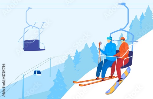 Winter recreation skiing, mountain lift, snow around, outdoor sports, season cold, design, in cartoon style vector illustration.