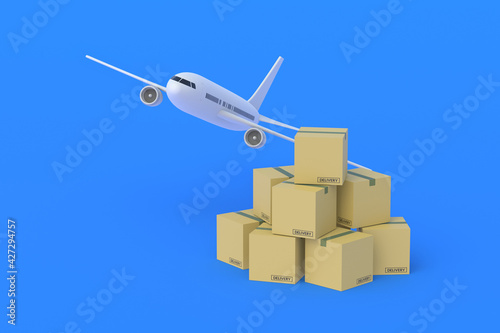 Airplane near stack of boxes on blue background. International transportation of goods. Global logistics. Shipping by air. Airmail concept. Transport company services. 3d render