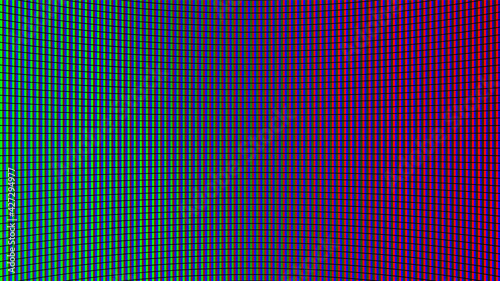 Led screen texture. Lcd monitor. Analog digital. TV display. Electronic diode effect. Green, blue, red television videowall. Projector grid template. Vector illustration.