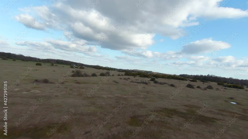 FPV Drone Aerial fast flight over open space English countryside on sunny day FPV Drone Aerial fast flight over open space English countryside on sunny day