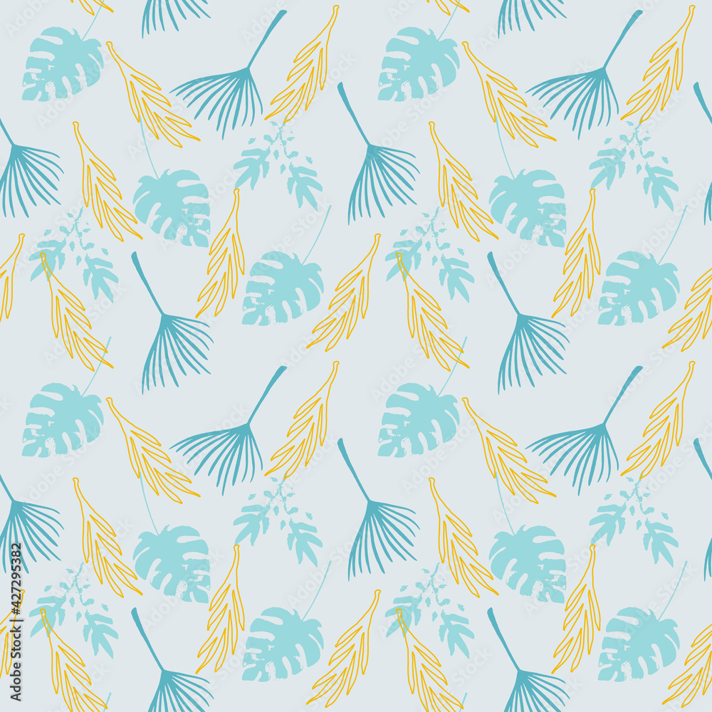 Fototapeta premium Trendy Tropical Vector Seamless Pattern. Monstera Banana Leaves Feather Dandelion Tropical Seamless Pattern.
