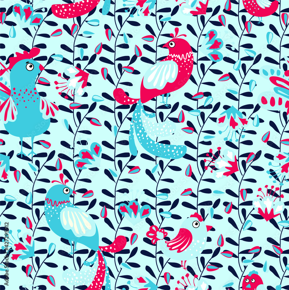 Naklejka premium Vector illustration with plant leaves and birds in ethnic folk style. Hand drawn picture about a fairy tale. Seamless pattern for fabric and textile design.