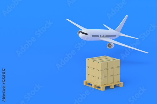 Airplane near stack of boxes on pallet on blue background. International transportation of goods. Global logistics. Shipping by air. Airmail concept. Transport company services. Copy space. 3d render