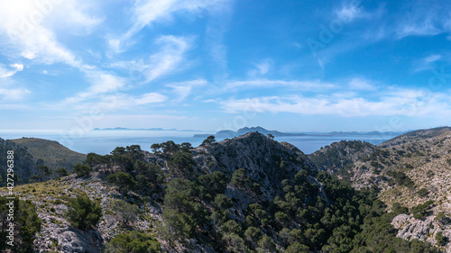 Drone picture at Cap de Formentor with view to the Morro del Pont at Mallorca