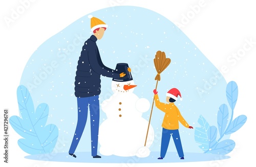Winter snowman, son together dad happy spending time, family snowing outdoors, design, in cartoon style vector illustration.