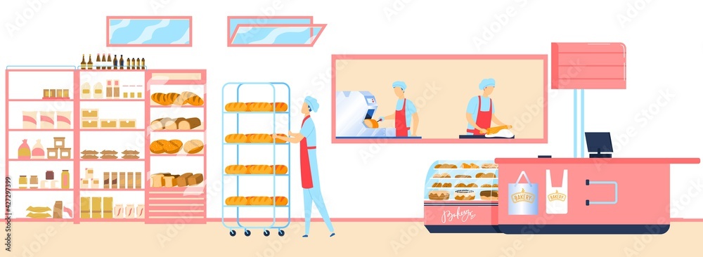 Bakery food, bread shop confectionery, fresh loaf, male salesman, business bun commercial, design, flat style vector illustration.