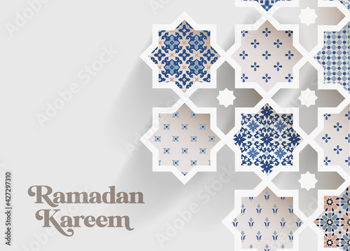 Muslim holiday Ramadan Kareem greeting card. Close-up of colorful ornamental arabic tiles, patterns through white mosque window. Eid Ul Fitr invitation. Vector arabesque illustration bacground.
