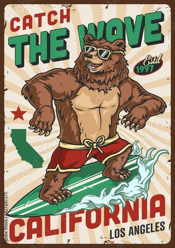 Photography California surfing vintage colorful poster